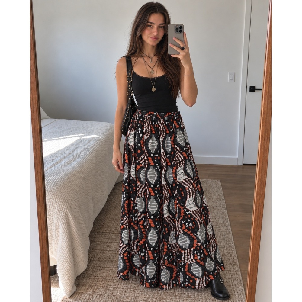 Y2K Magic Maxi Skirt M Black Orange Tribal Print Boho Flowy Whimsigoth Witchy